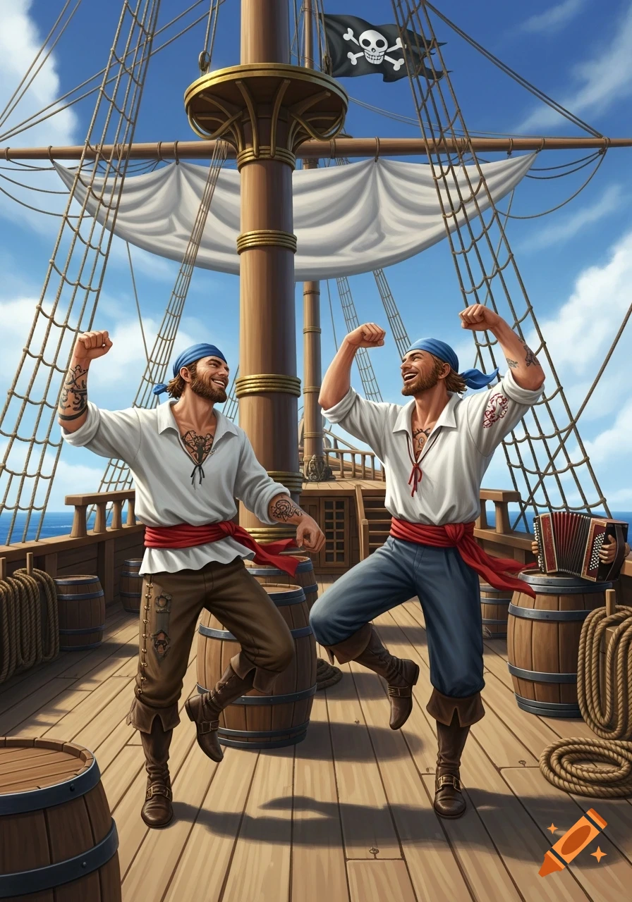 Two cheerful pirates flex and dance on a wooden ship deck under a blue sky, with a pirate flag flying above. Illustration.