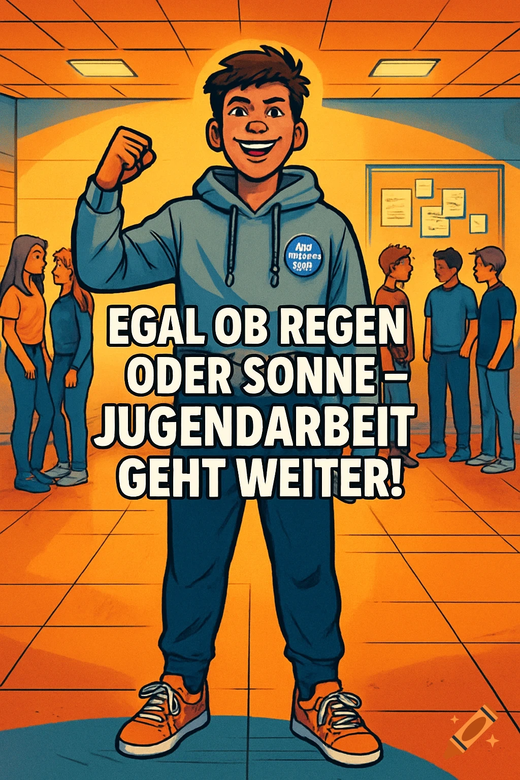 A smiling cartoon boy in a hoodie and sneakers, with a raised fist, stands confidently in a school hallway with other students. German text overlays the image.