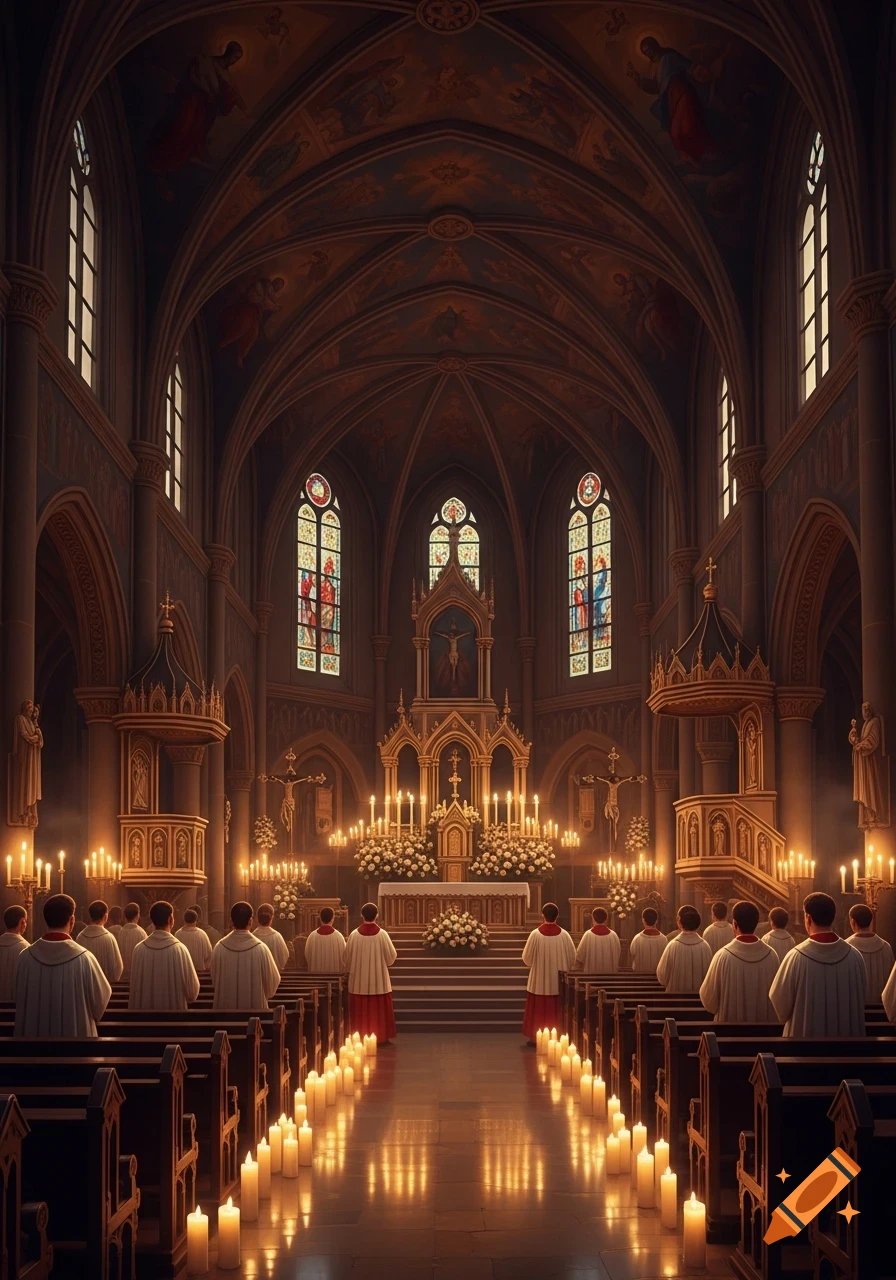A grand, candle-lit Catholic church interior during a ceremony, with priests in robes facing an ornate altar and stained glass windows.