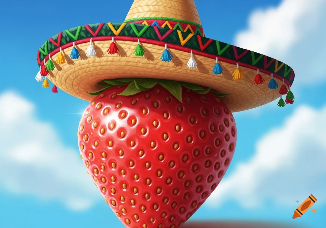 A vibrant red strawberry wearing a straw sombrero with colorful tassels, set against a bright blue sky with soft clouds.