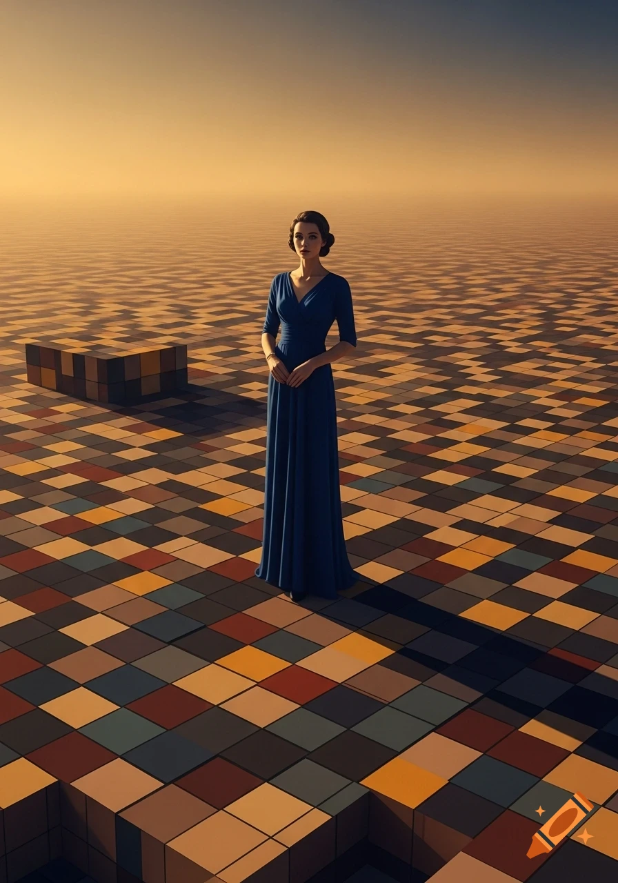 A woman in a blue dress stands on a surreal checkerboard landscape under an orange sky.