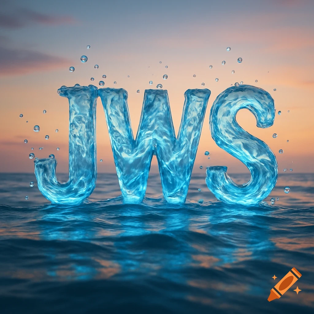 3D rendered letters 'JWS' made of blue water, rising from a calm ocean at sunset, with water splashes.