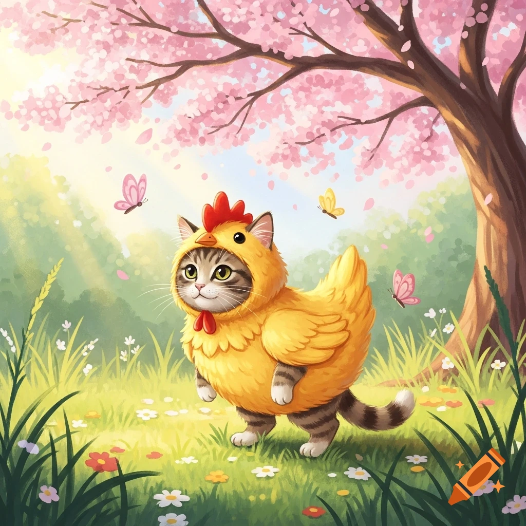 A cute illustrated cat in a yellow chicken costume stands in a spring meadow with flowers under a pink cherry blossom tree, with butterflies.