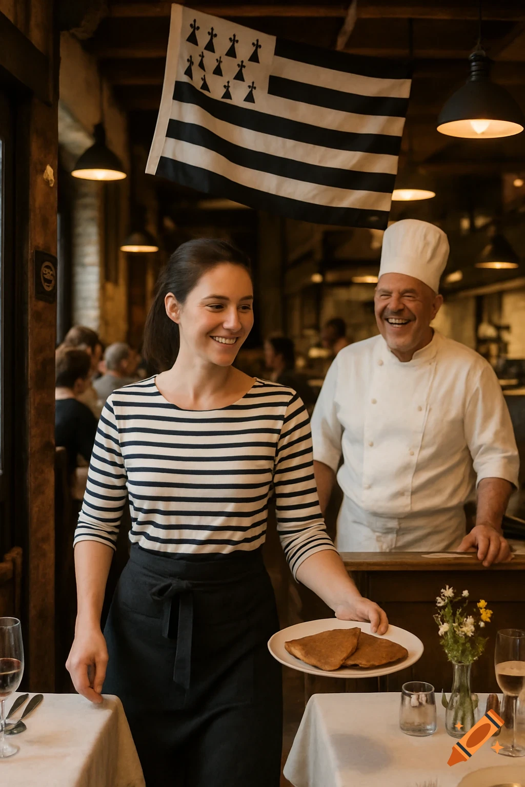 A smiling waitress serves crepes while a chef laughs in a bustling restaurant with a Breton flag.