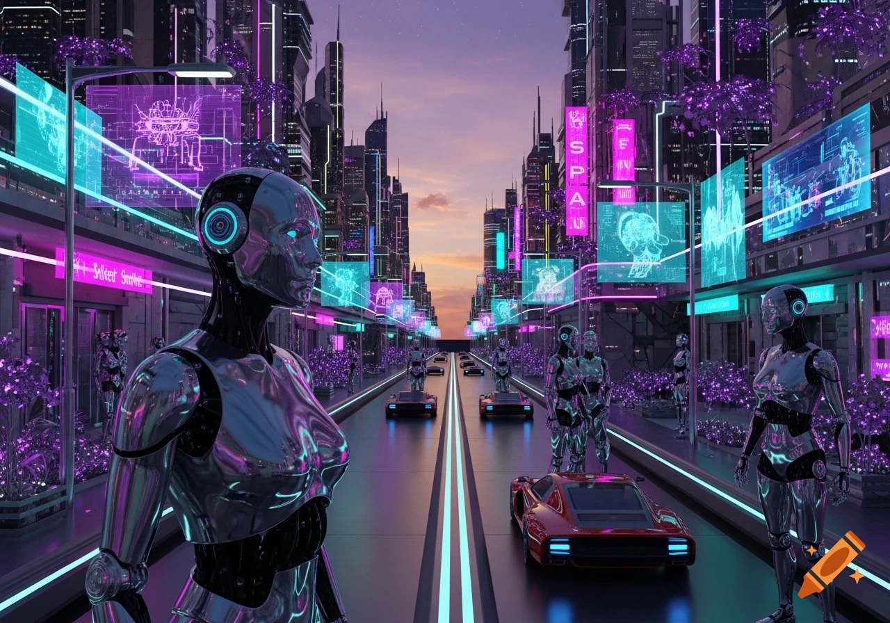 Chrome robots and flying cars on a neon-lit futuristic city street at ...