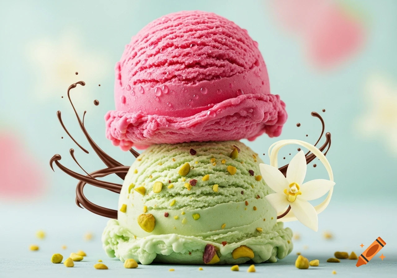 Two scoops of ice cream, pink on top of green pistachio, with chocolate drizzles and a white vanilla flower on a light blue background.