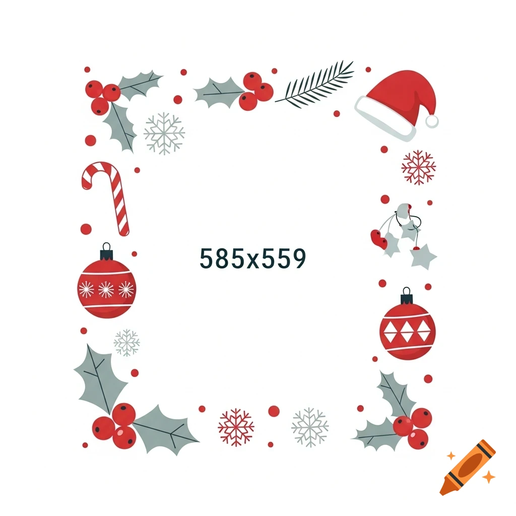 Flat Christmas illustration forming a border with holly, candy canes, Santa hat, snowflakes, and ornaments; includes "585x559" text.
