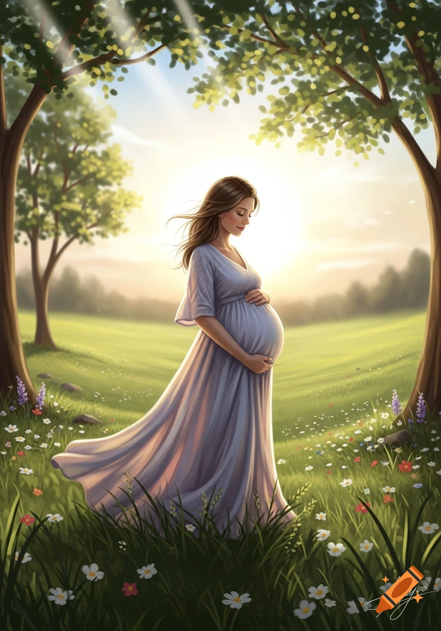 An illustrative image of a pregnant woman in a flowing dress, standing in a sunny field surrounded by trees and wildflowers.