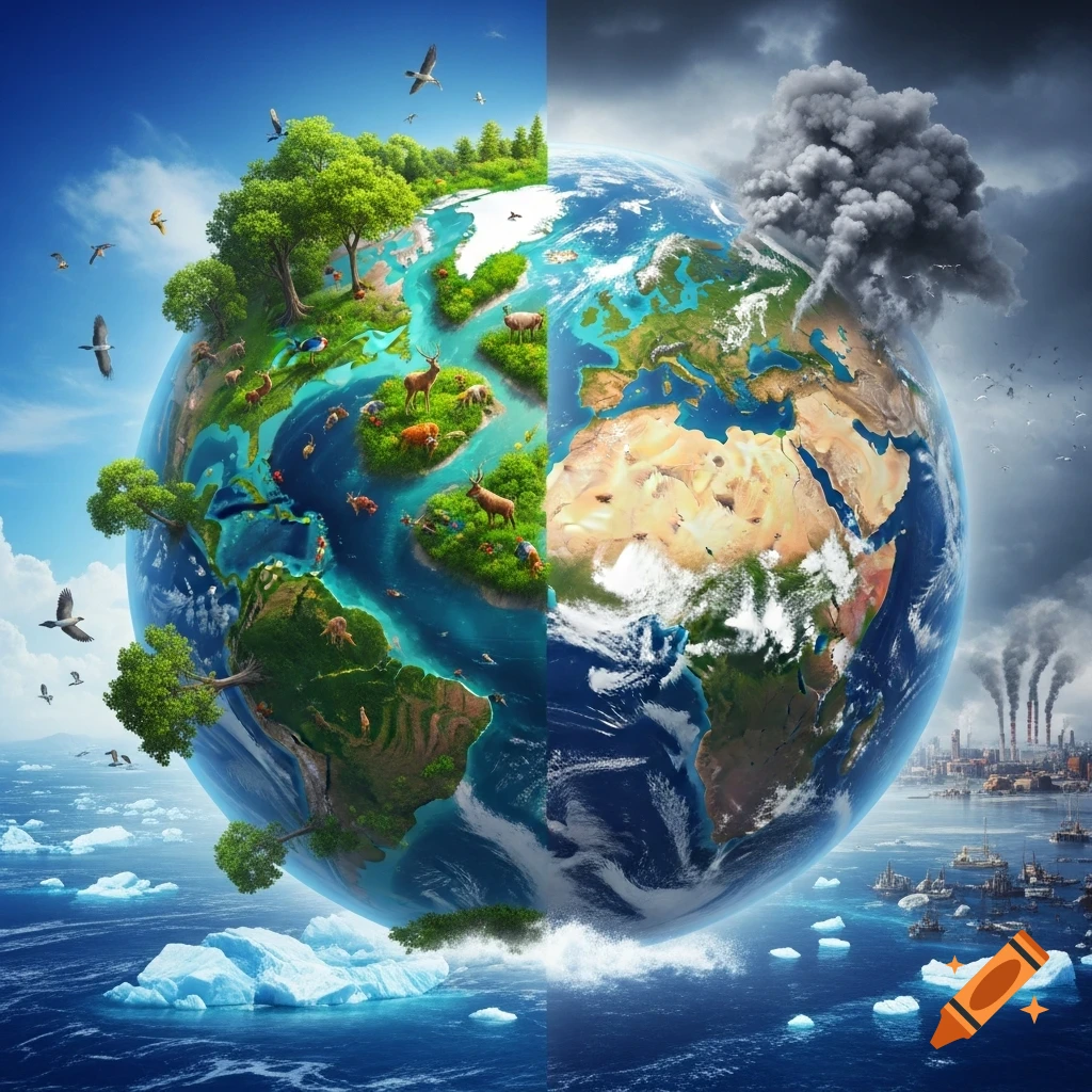 Hyperrealistic split Earth, one side green and vibrant with animals, the other polluted with factories, smog, and melting ice.