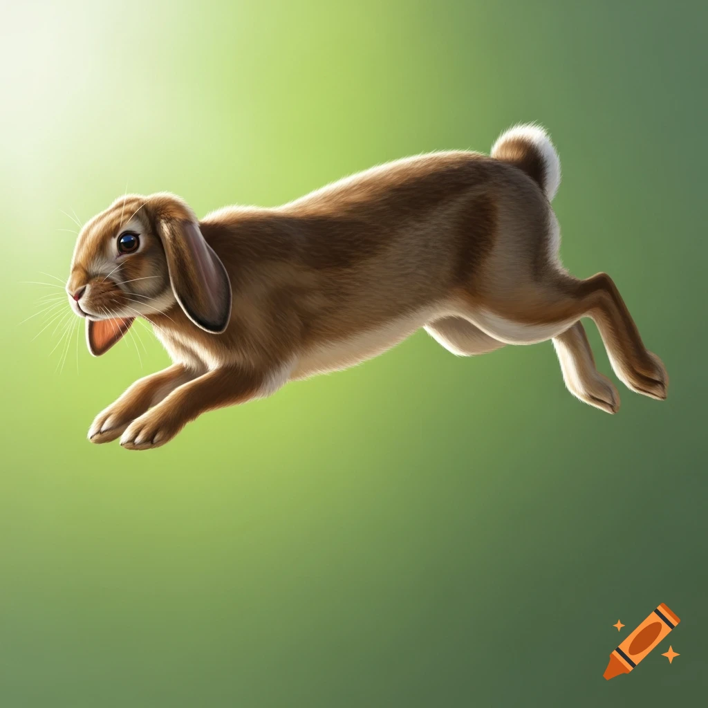 Brown lop-eared rabbit leaping against a bright green background.