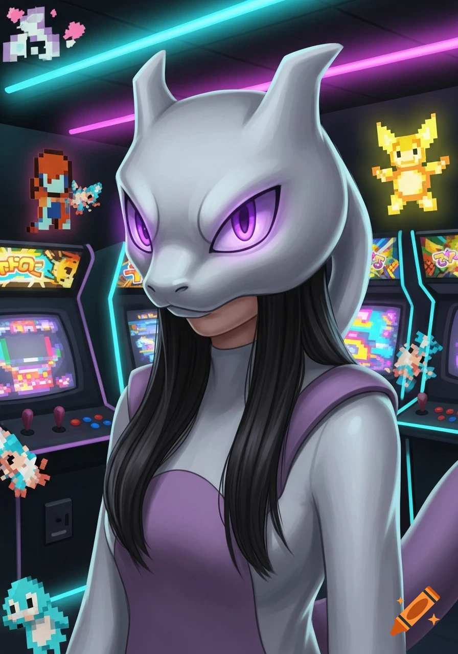 A person with long dark hair wears a white Mewtwo mask and suit in a neon-lit arcade, surrounded by pixel art creatures and arcade machines.