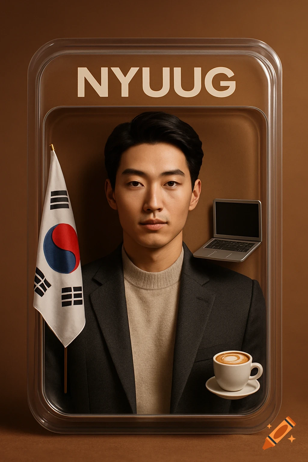 Portrait of an Asian man in a doll package with a South Korean flag, laptop, and latte, labeled NYUUG.