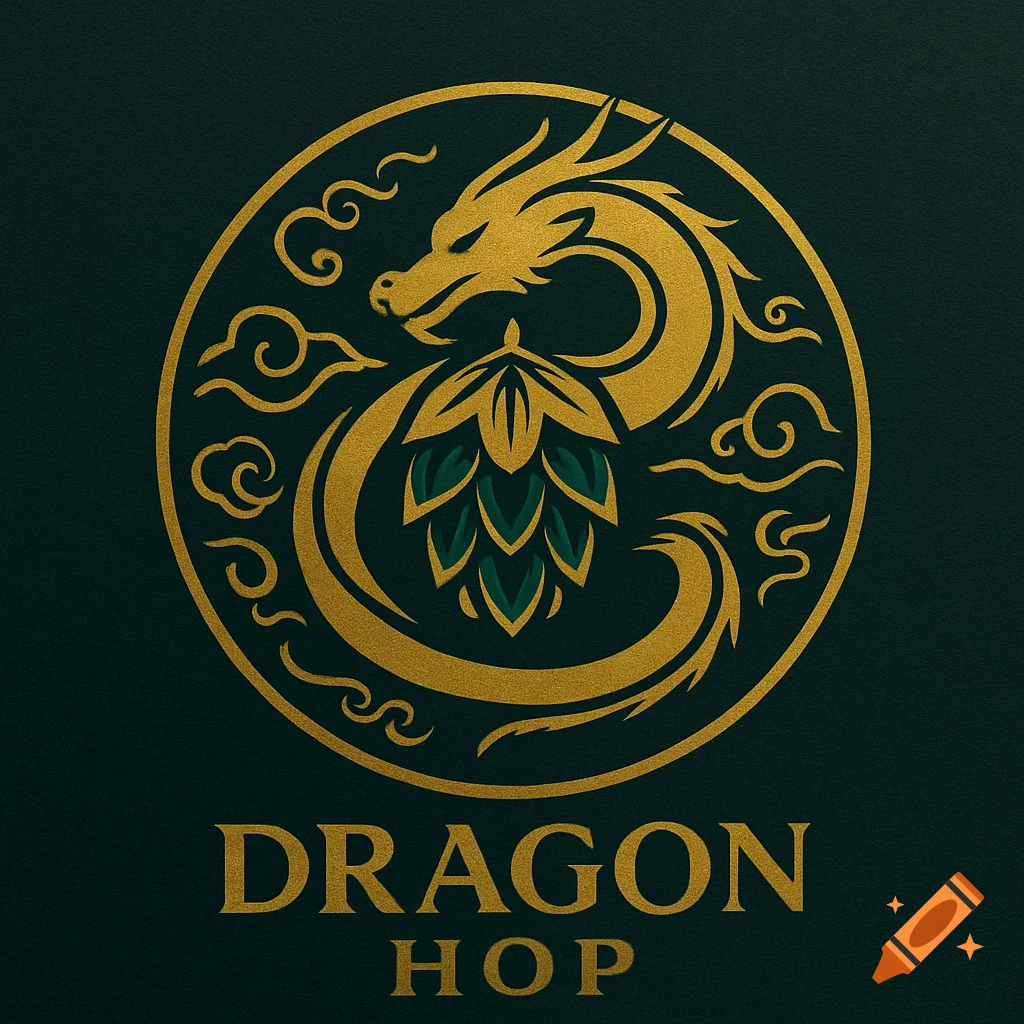 A golden stylized dragon logo intertwined with a green hop cone, with 'DRAGON HOP' text below, on a dark green background.