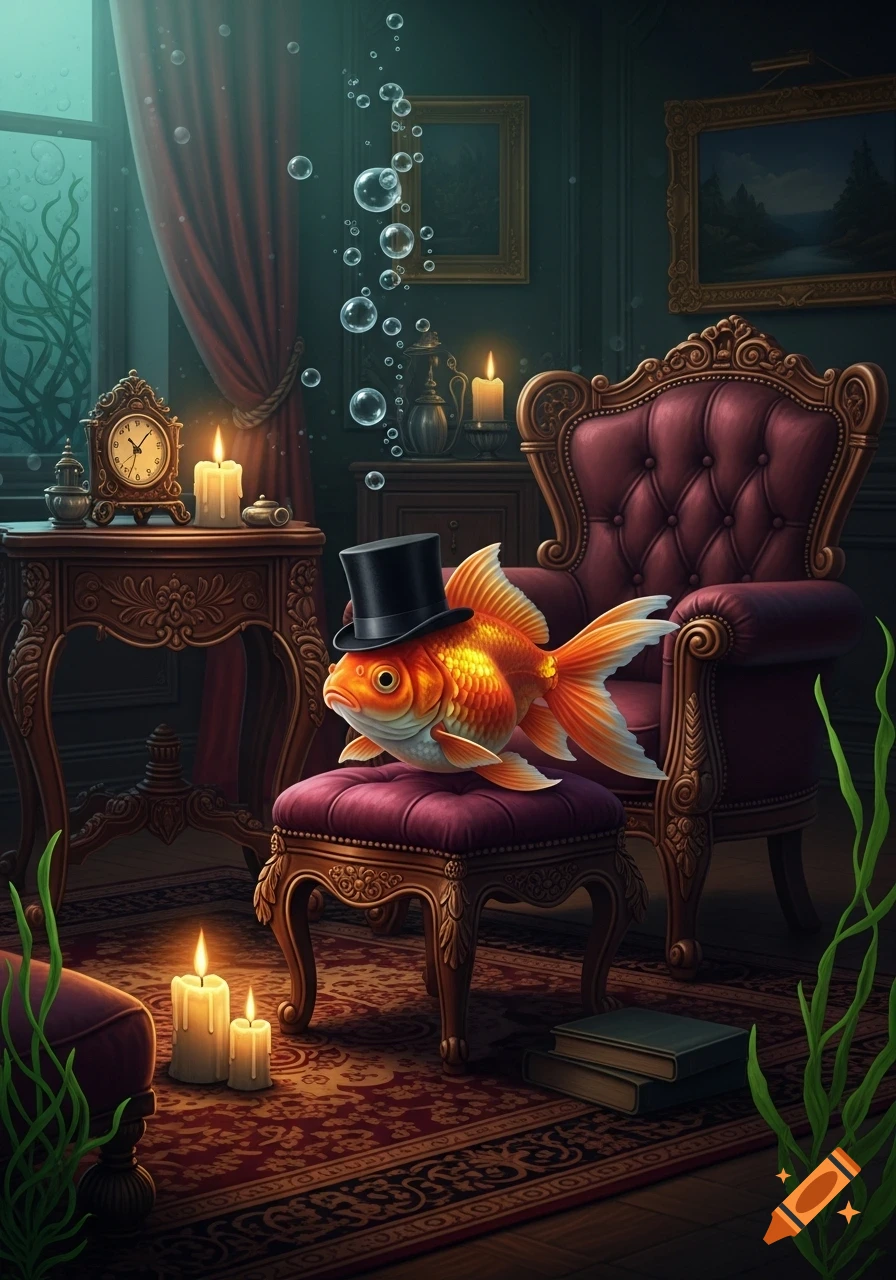 A goldfish wearing a top hat sits on a velvet stool in an opulent, underwater Victorian room with antique furniture and bubbles.
