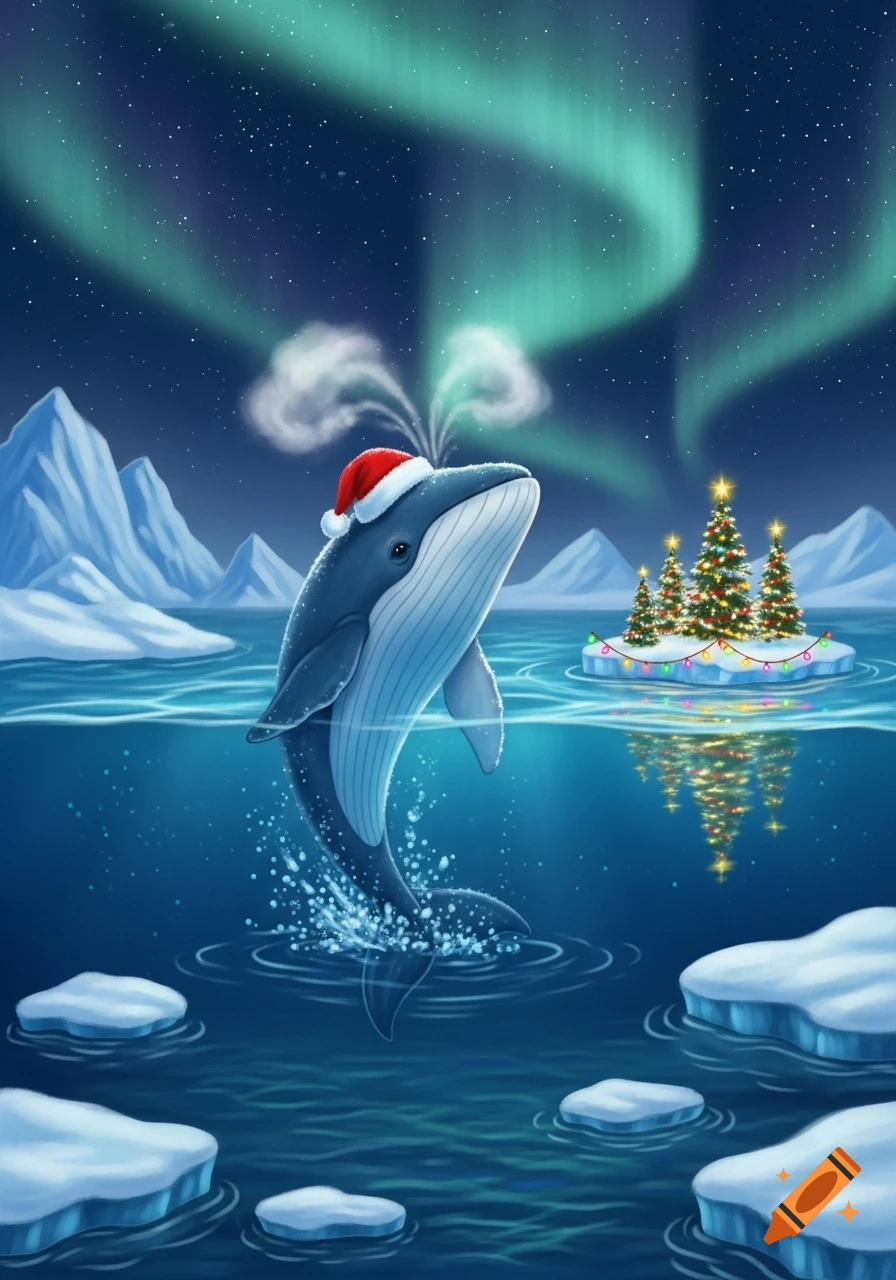 A cartoon whale wearing a Santa hat jumps out of icy water under the Northern Lights, with decorated Christmas trees on an iceberg.