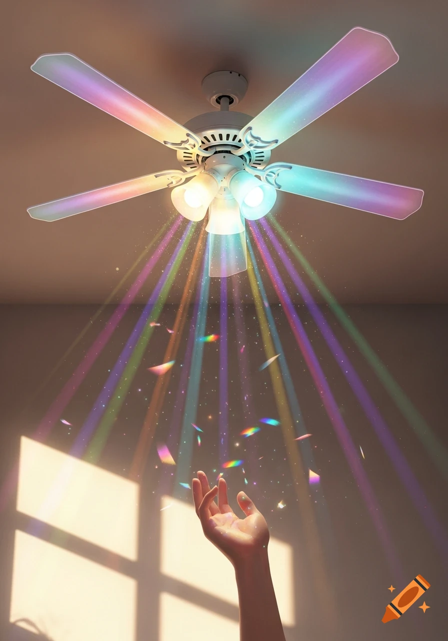 A magical ceiling fan with rainbow light beams and sparkling particles falling towards an upward-reaching hand.