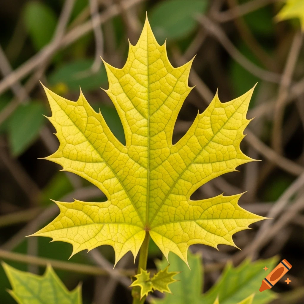 A vibrant yellow, spiky leaf with prominent veins is centered against a soft, blurred green and brown background.