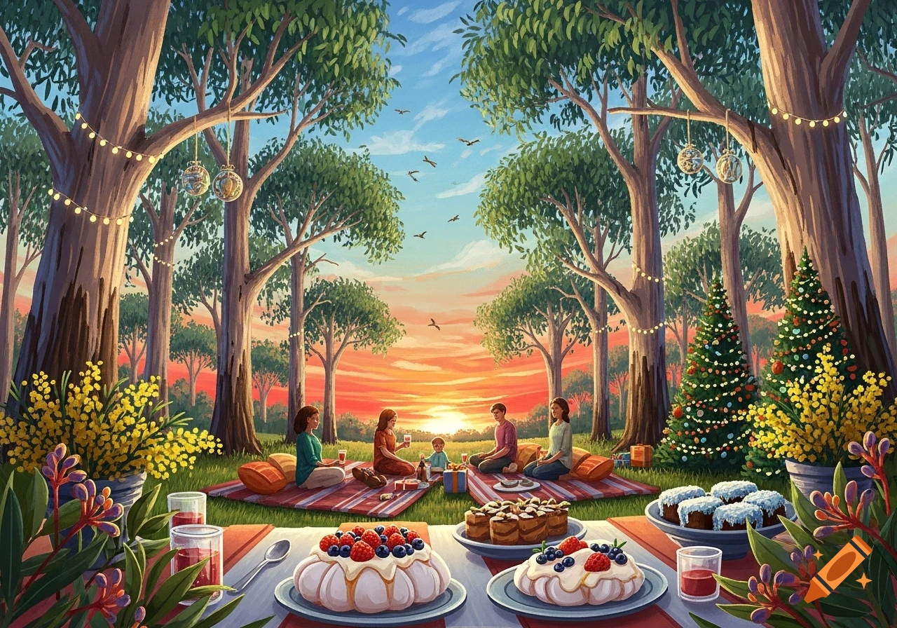 Illustrative Australian bush Christmas picnic at sunset. A group dines on blankets amidst trees with fairy lights, decorated Christmas trees, and desserts.