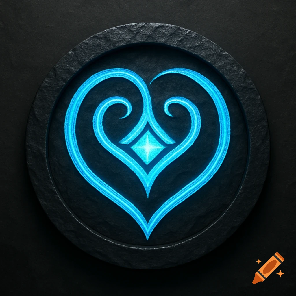 A glowing blue heart-like symbol with a bright diamond center within a dark, textured stone ring.