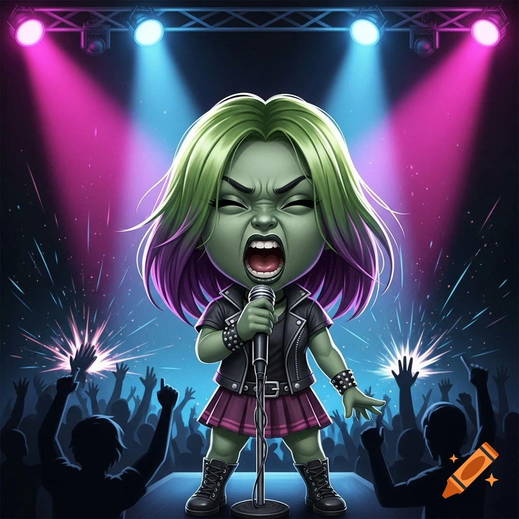Chibi-style green-skinned woman with green and purple hair screaming into a microphone on a concert stage with spotlights and a cheering crowd.