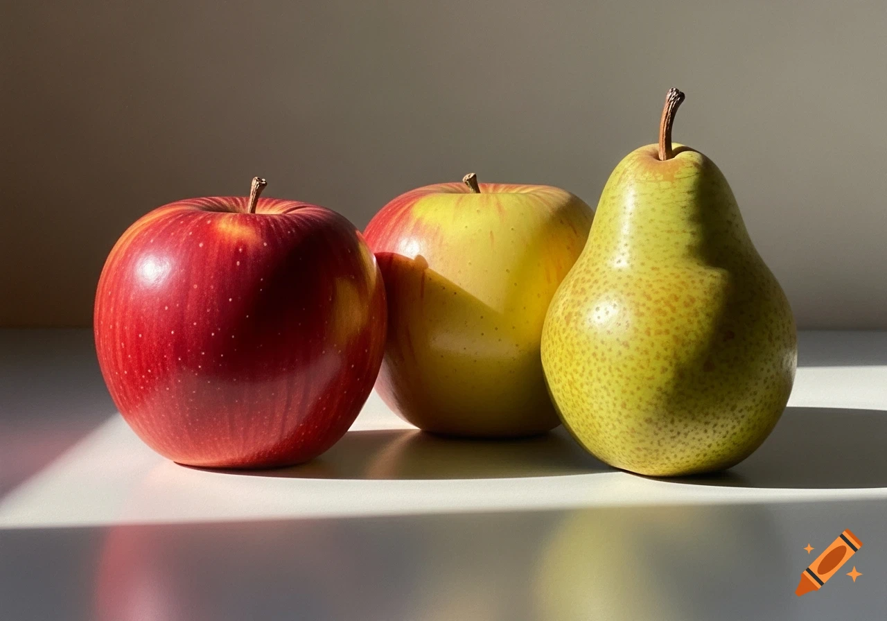 A photorealistic still life with a red apple, a yellow and red apple, and a green pear on a white surface, lit from the left with distinct shadows.