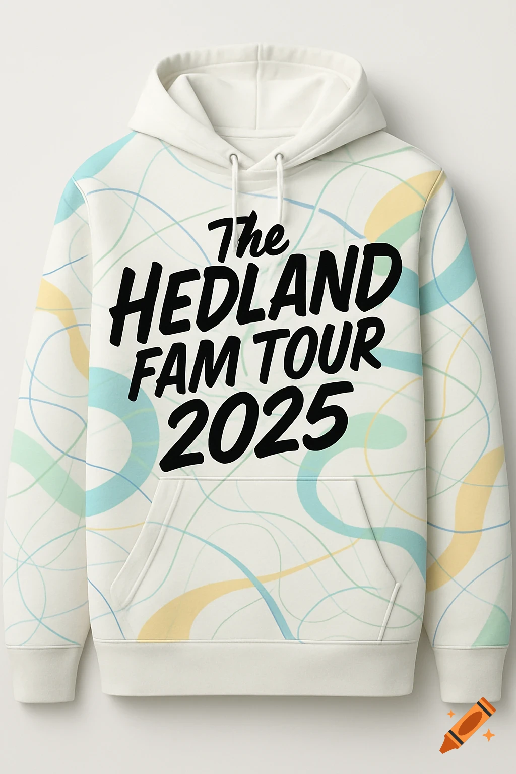 White hoodie with 'The HEDLAND FAM TOUR 2025' in black text, featuring abstract blue, green, and yellow wavy lines.