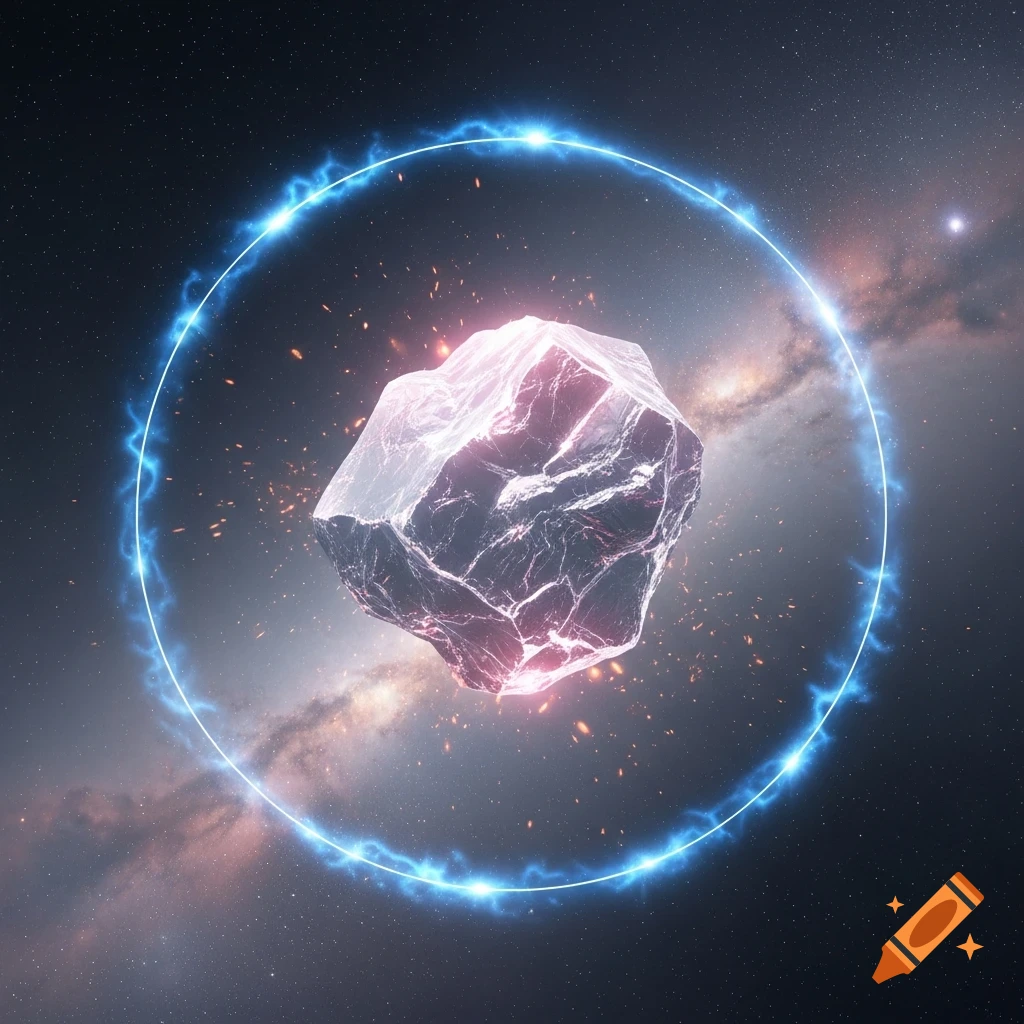A glowing, crystalline object floats in deep space, encircled by a bright blue energy ring, with a galaxy and stars in the background.