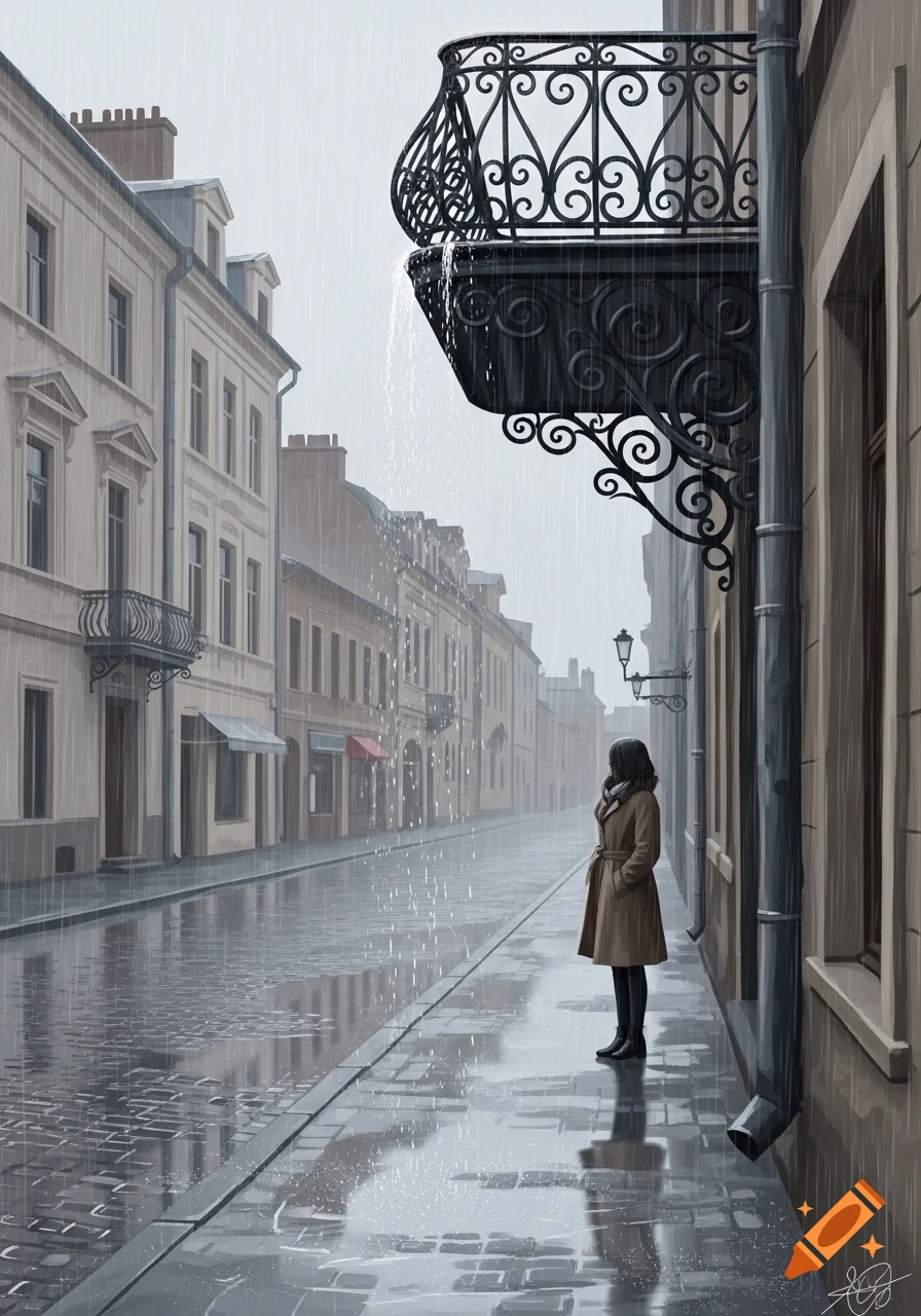 A woman in a brown trench coat stands on a wet, rainy cobblestone street lined with European buildings under an ornate balcony in an illustration.