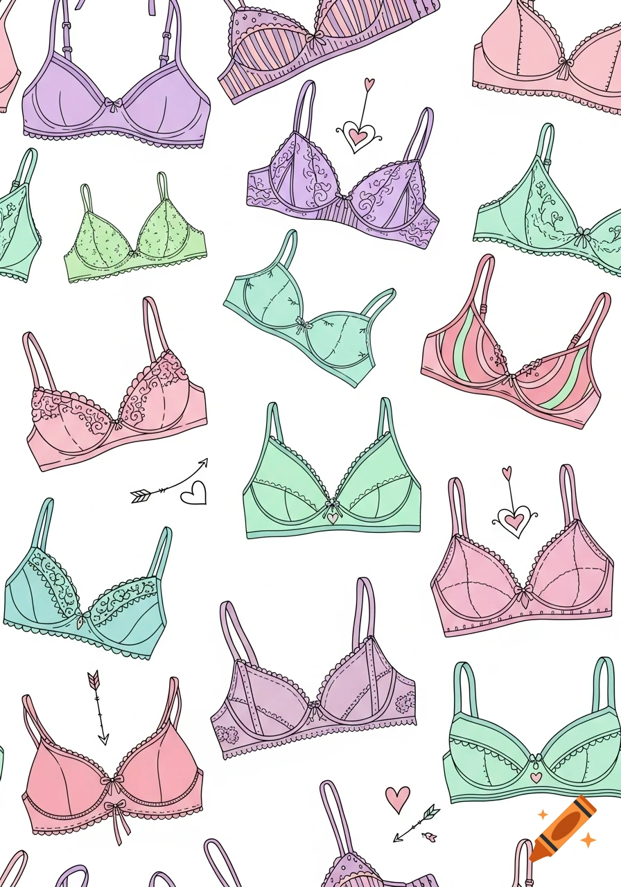 A seamless pattern of hand-drawn bras in various pastel colors like purple, pink, and mint green, with small hearts and arrows scattered.
