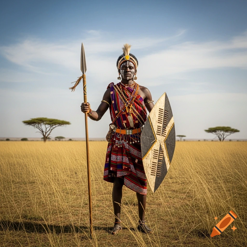 African warrior in traditional dress, adorned with beads and face paint, stands with a spear and shield in a vast savanna landscape.