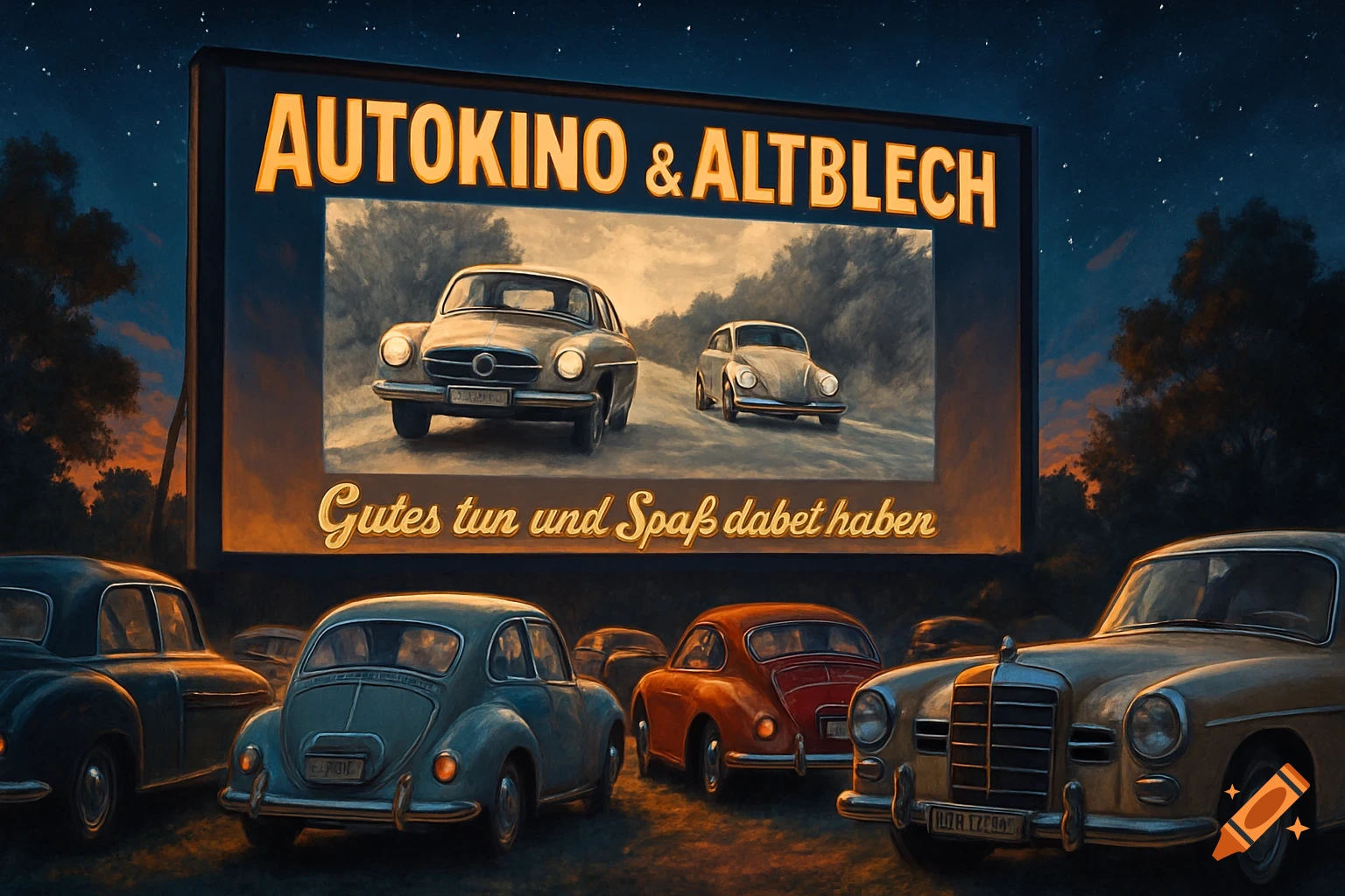 A painterly image of vintage cars parked at a drive-in movie theater at dusk, with "AUTOKINO & ALTBLECH" on the screen.