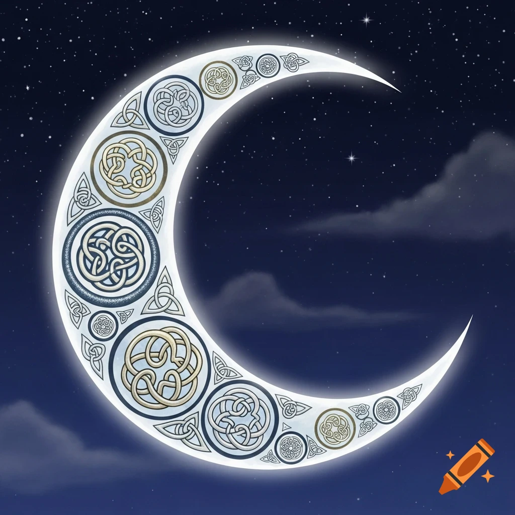 A glowing crescent moon adorned with intricate silver and gold Celtic knot patterns against a dark starry night sky with subtle clouds.
