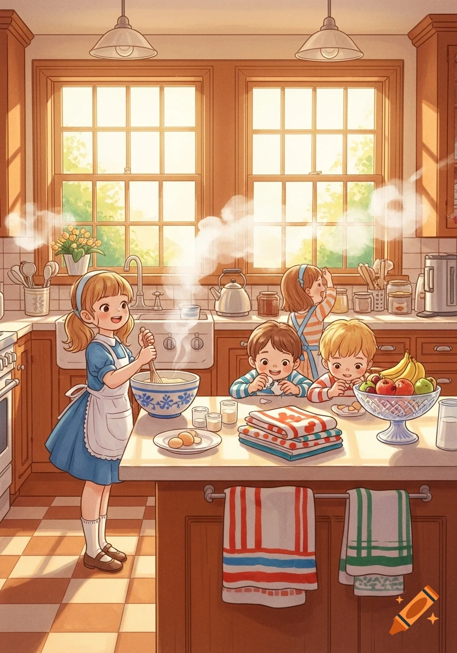 Cartoon illustration of children baking in a sunny kitchen. A girl whisks in a bowl, while two boys sit at the counter.