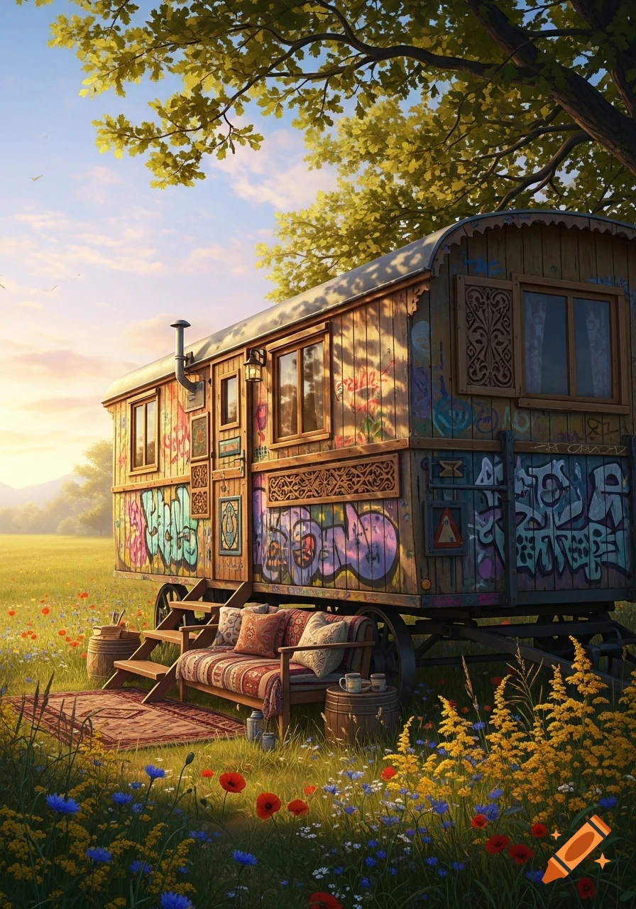 A colorful, graffiti-covered wooden gypsy wagon with a porch sofa sits in a vibrant wildflower field under a tree at sunset.