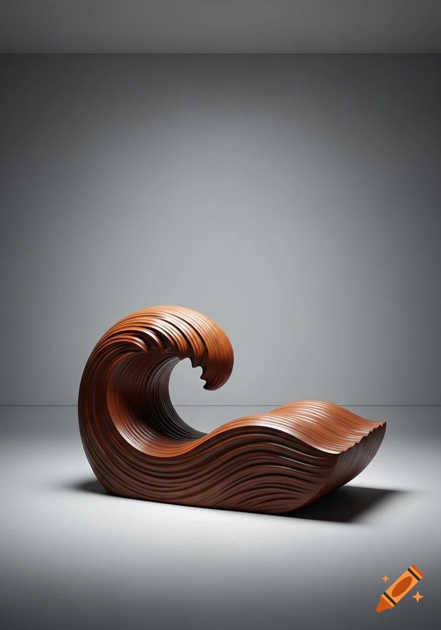 A photorealistic, smooth wooden sculpture shaped like a breaking wave, displayed in a minimalist setting.