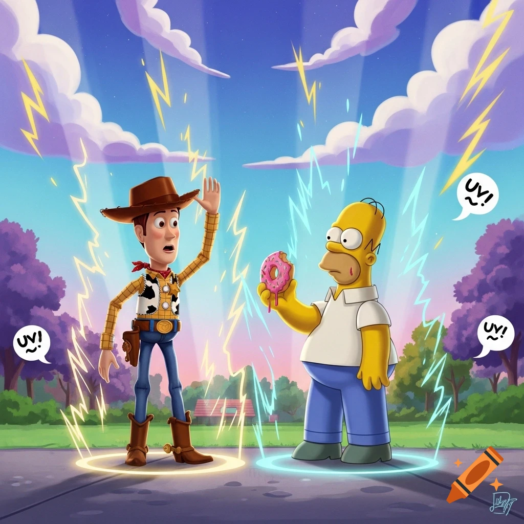 Sheriff Woody from Toy Story and Homer Simpson from The Simpsons stand facing each other, surrounded by glowing energy, under a blue sky.