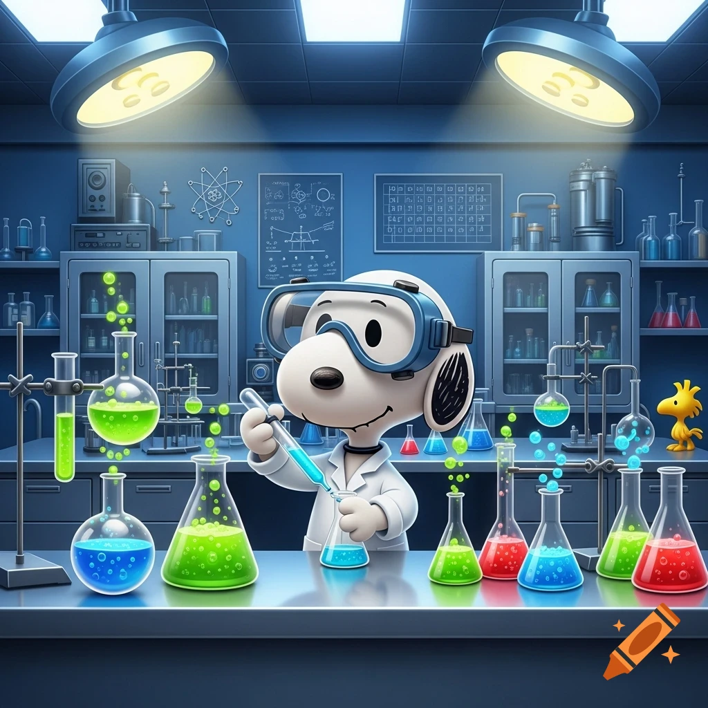 Snoopy, a cartoon dog, in a lab coat and goggles, mixing colorful chemicals in a detailed chemistry laboratory.