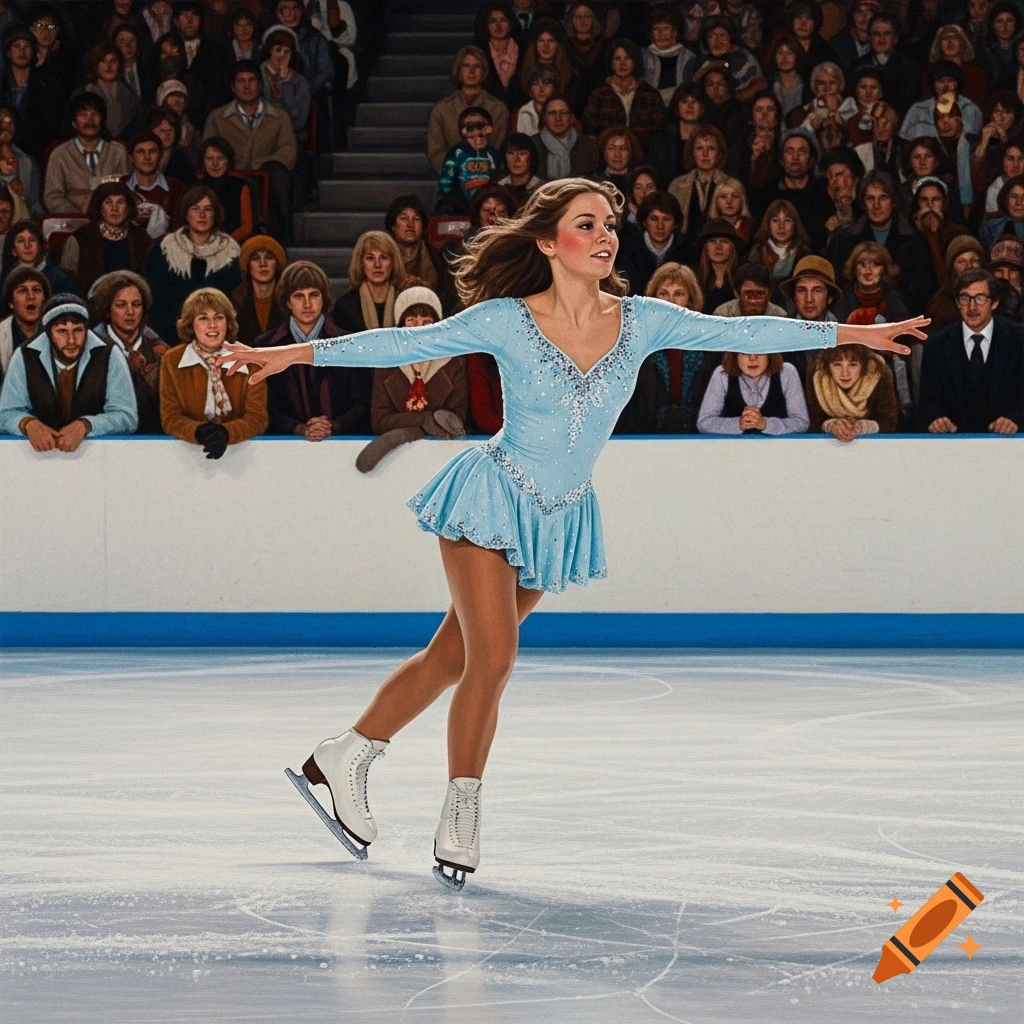 A Norman Rockwell-style painting of a female figure skater in a light blue costume performing on ice in front of a seated audience.