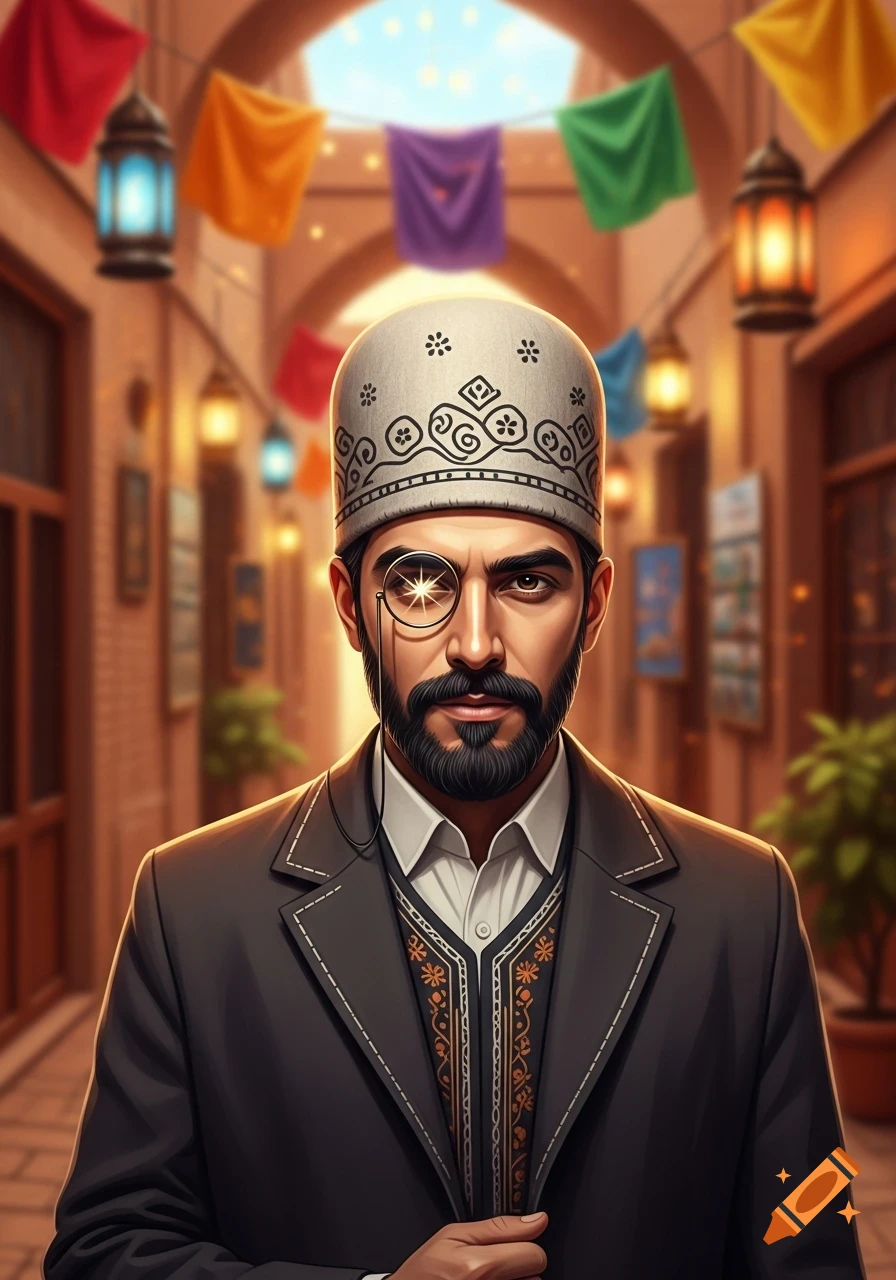 A man with a beard, patterned cap, and a monocle stares forward in a festive, lantern-lit alleyway.