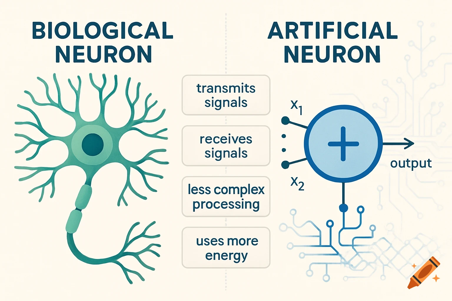 Educational infographic comparing a biological neuron with dendrites and an axon, and an artificial neuron with inputs and an output, highlighting functional differences.