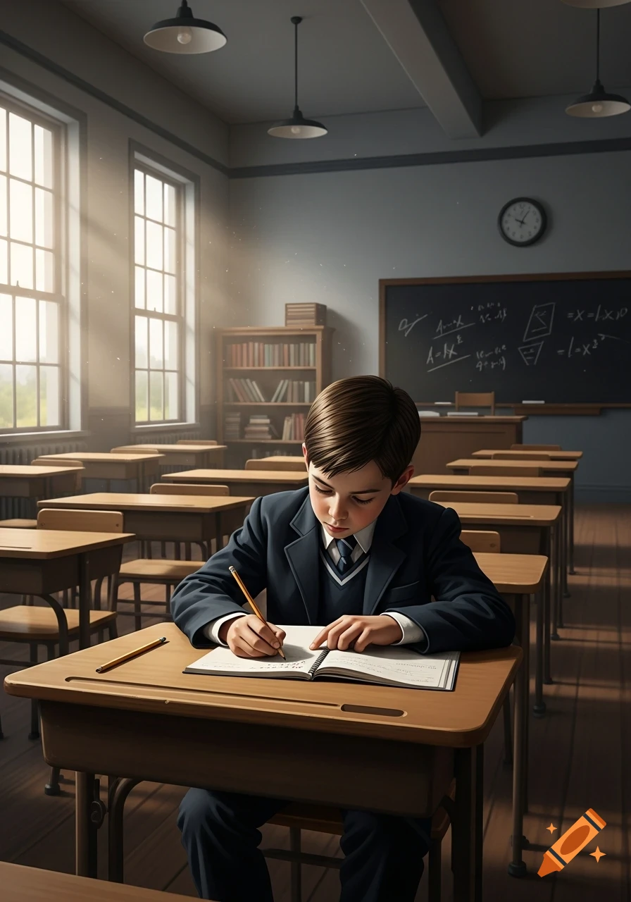 A photorealistic image of a young boy in a school uniform studying intently at a desk in a sunlit classroom.