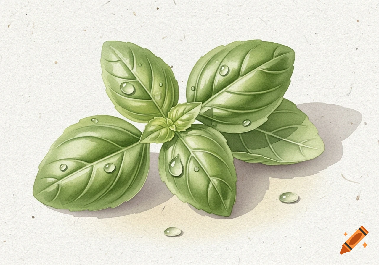 Watercolor illustration of fresh green basil leaves with water droplets on a textured light background.