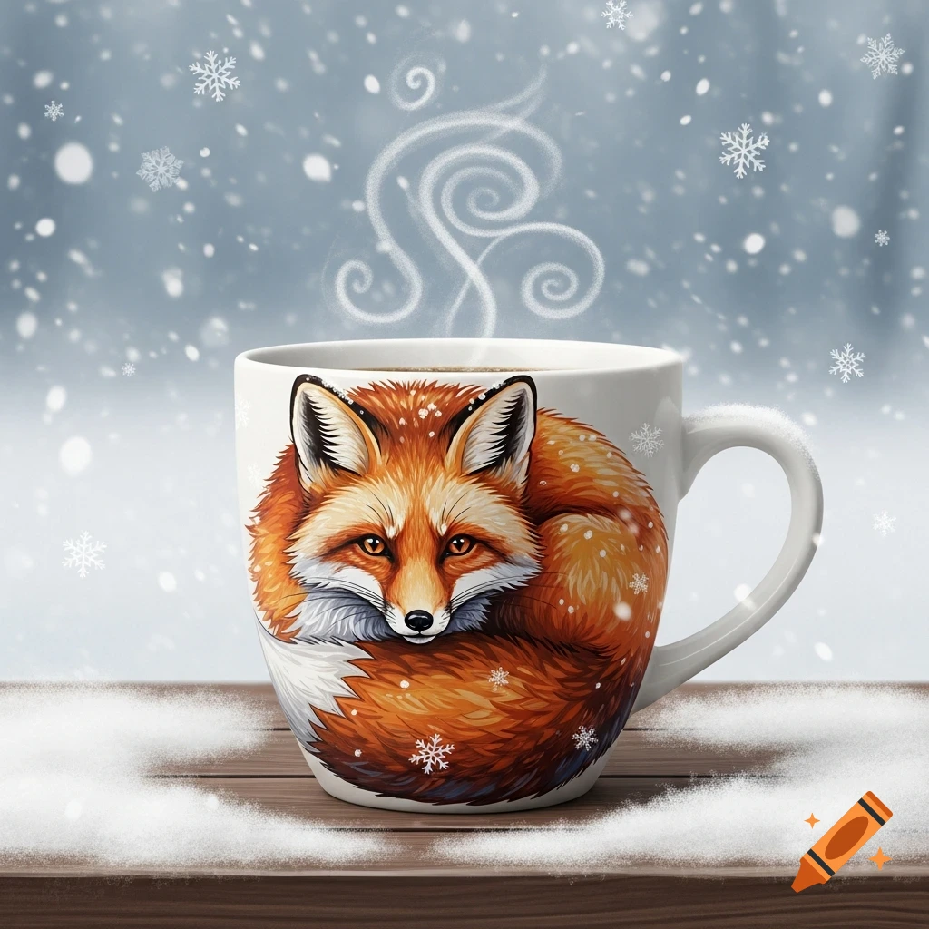 White mug with a curled-up red fox design on a snowy wooden surface, steam rising, and snowflakes falling.