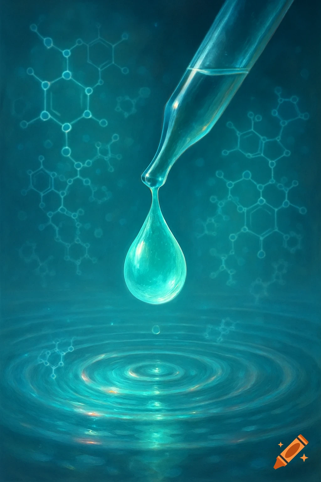 A laboratory dropper releases a glowing turquoise drop into rippling water, surrounded by abstract chemical structures.