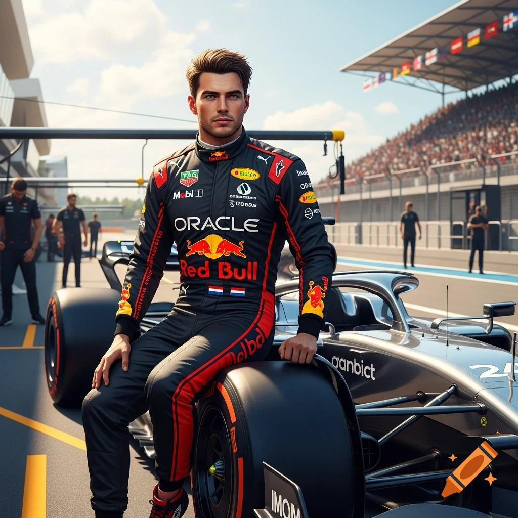 Photorealistic image of a man in a black and red F1 racing suit sitting on a race car on a track, with a grandstand in the background.