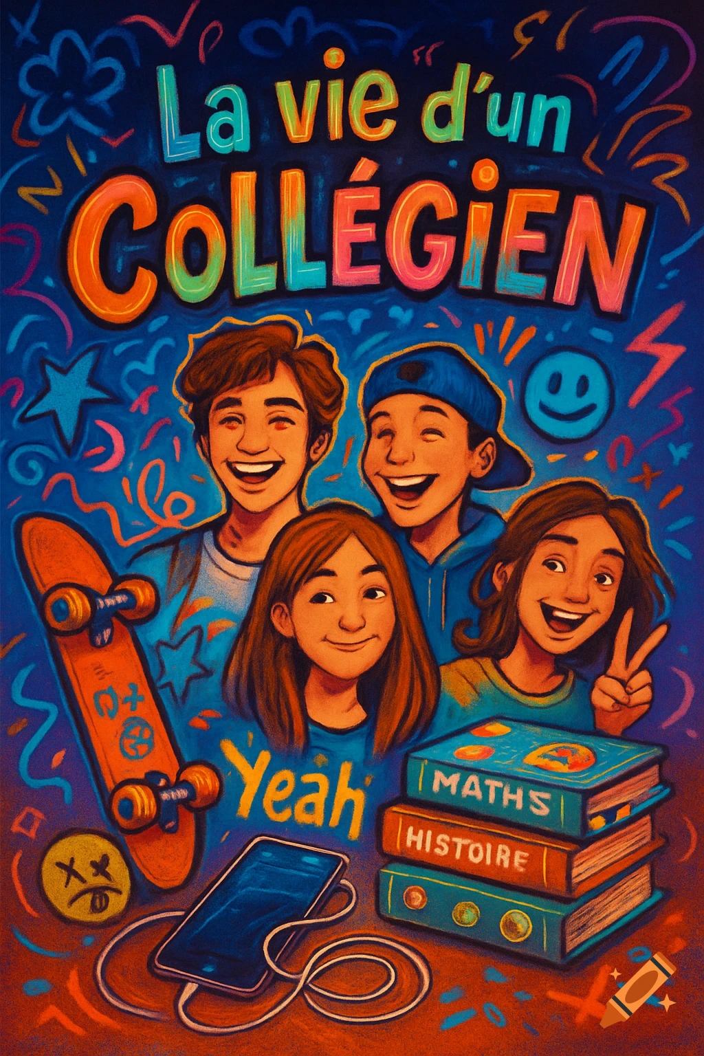 An illustration of four smiling teenagers, a skateboard, a smartphone, and a stack of books on a vibrant blue background with colorful doodles. The title "La vie d'un COLLÉGIEN" is at the top, and book titles include "MATHS" and "HISTOIRE".