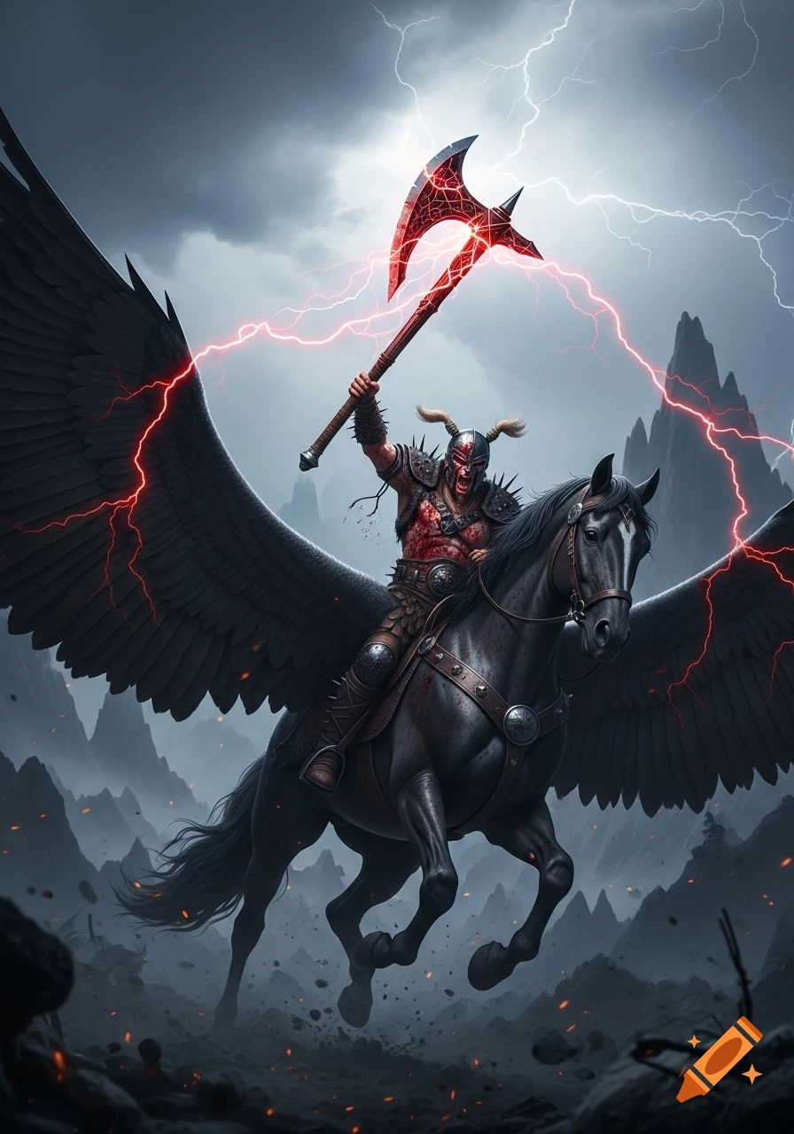 A ferocious Viking warrior on a dark winged Pegasus hurls a glowing red axe, surrounded by red lightning in an apocalyptic, stormy mountain landscape.