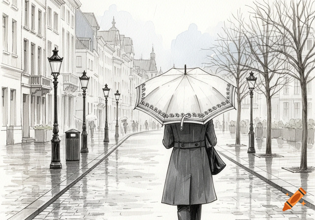A person walks down a wet city street under an umbrella, in a moody watercolor and pencil sketch style.