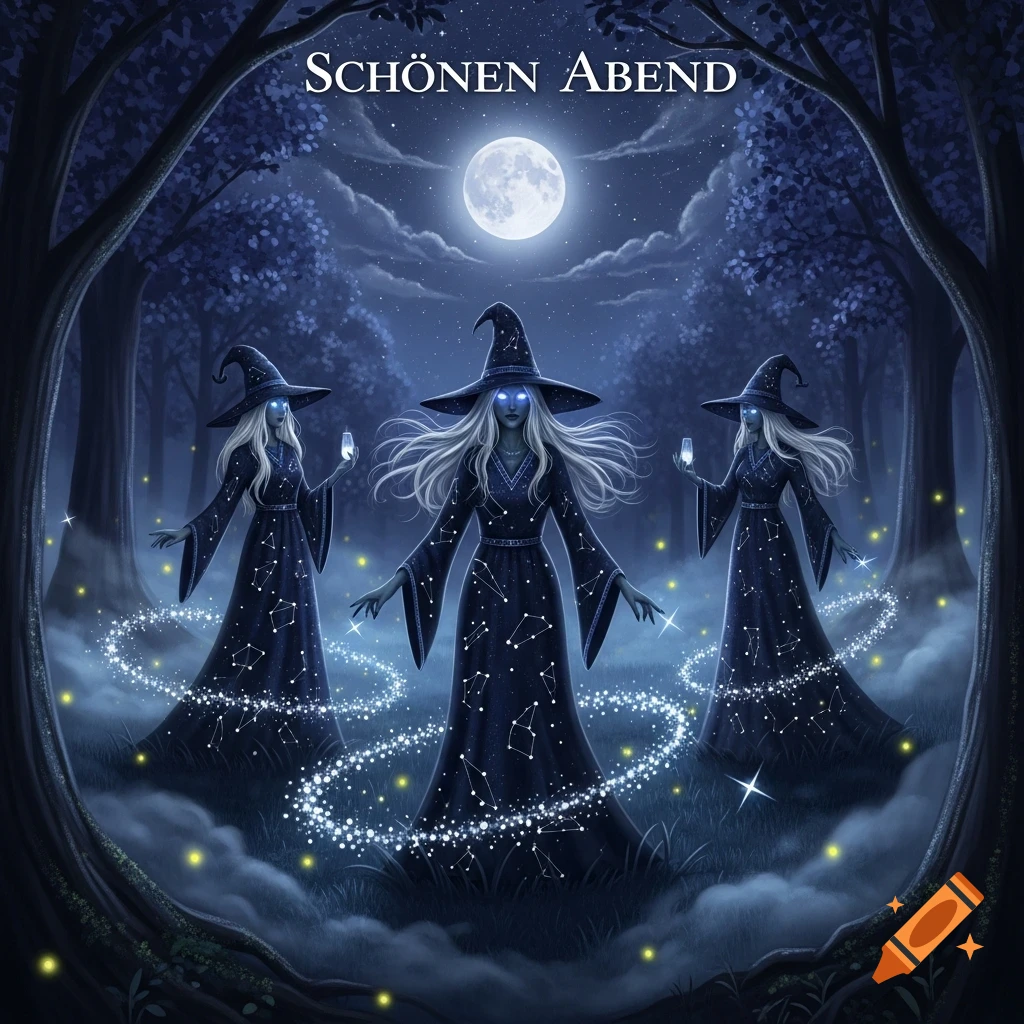 Three white-haired witches in starry dresses and pointed hats conjure glowing trails in a dark, moonlit forest. Text reads "Schönen Abend".