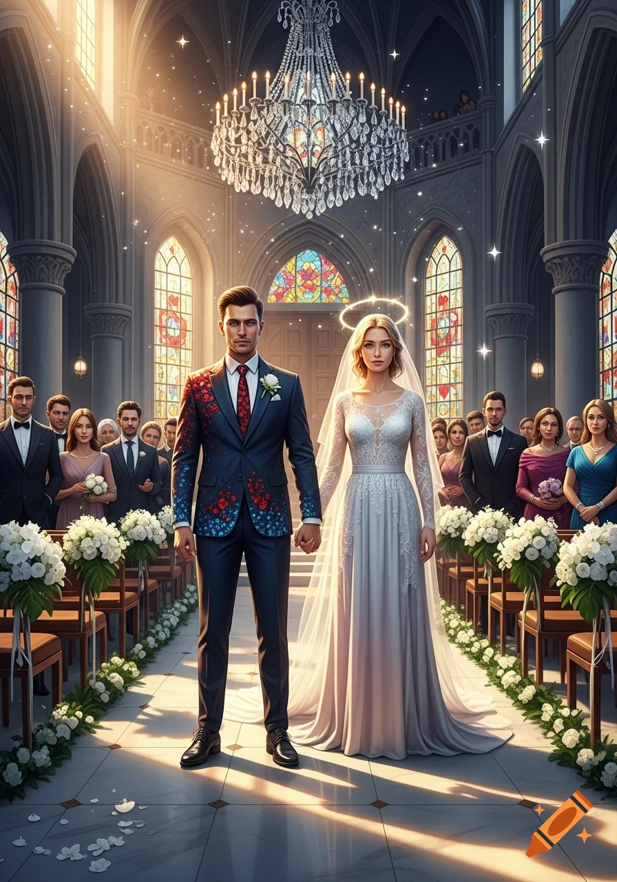 A photorealistic image of a bride in a white gown and a groom in a decorated suit, holding hands in a grand church aisle under a chandelier, with guests looking on.